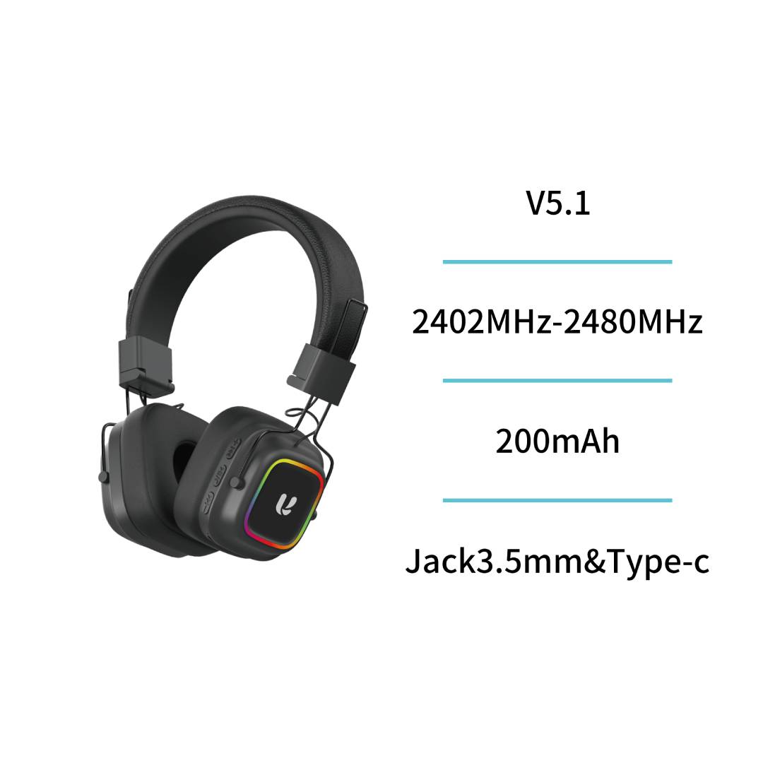 UNICO HP1851 HEADPHONES BLUETOOTH 5.1 CABLE + TYPE-C JACK CABLE 3.5MM RGB HEADBAND BLACK