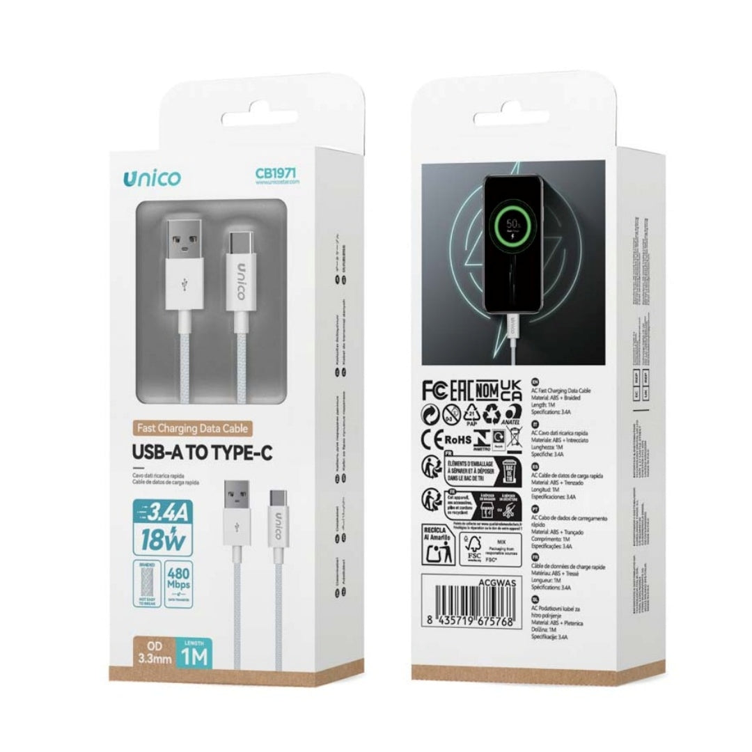 UNICO CB1971 CABLE USB A TIPO-C 3A 18W TRENZADO 1M CARGA RAPIDA BLANCO