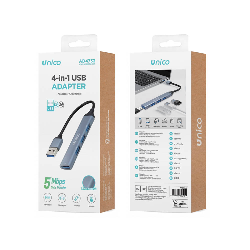 UNICO AD4733 HUB ADAPTADOR ALUMINIO 4 EN 1 USB 3.0A A 4 USB 2.0 GRIS