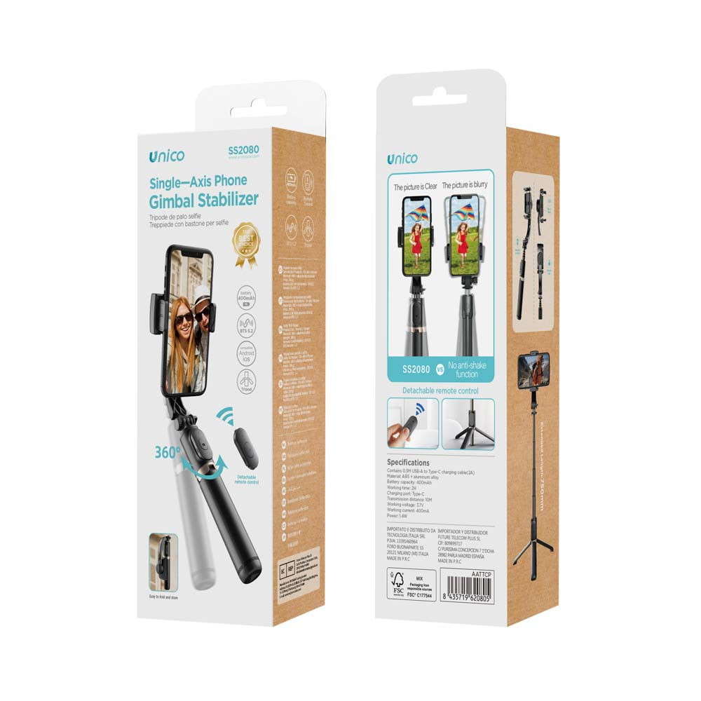 UNICO SS2080 PALO SELFIE GIMBAL TRIPODE Y MANDO BLUETOOTH 5.2 75CM TIPO-C NEGRO