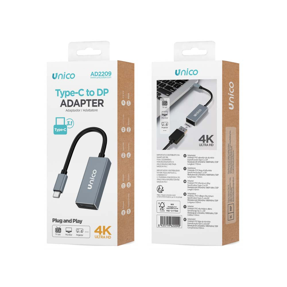UNICO AD2209 ADAPTADOR ALUMINIO TIPO-C MACHO A DISPLAPORT HEMBRA GRIS