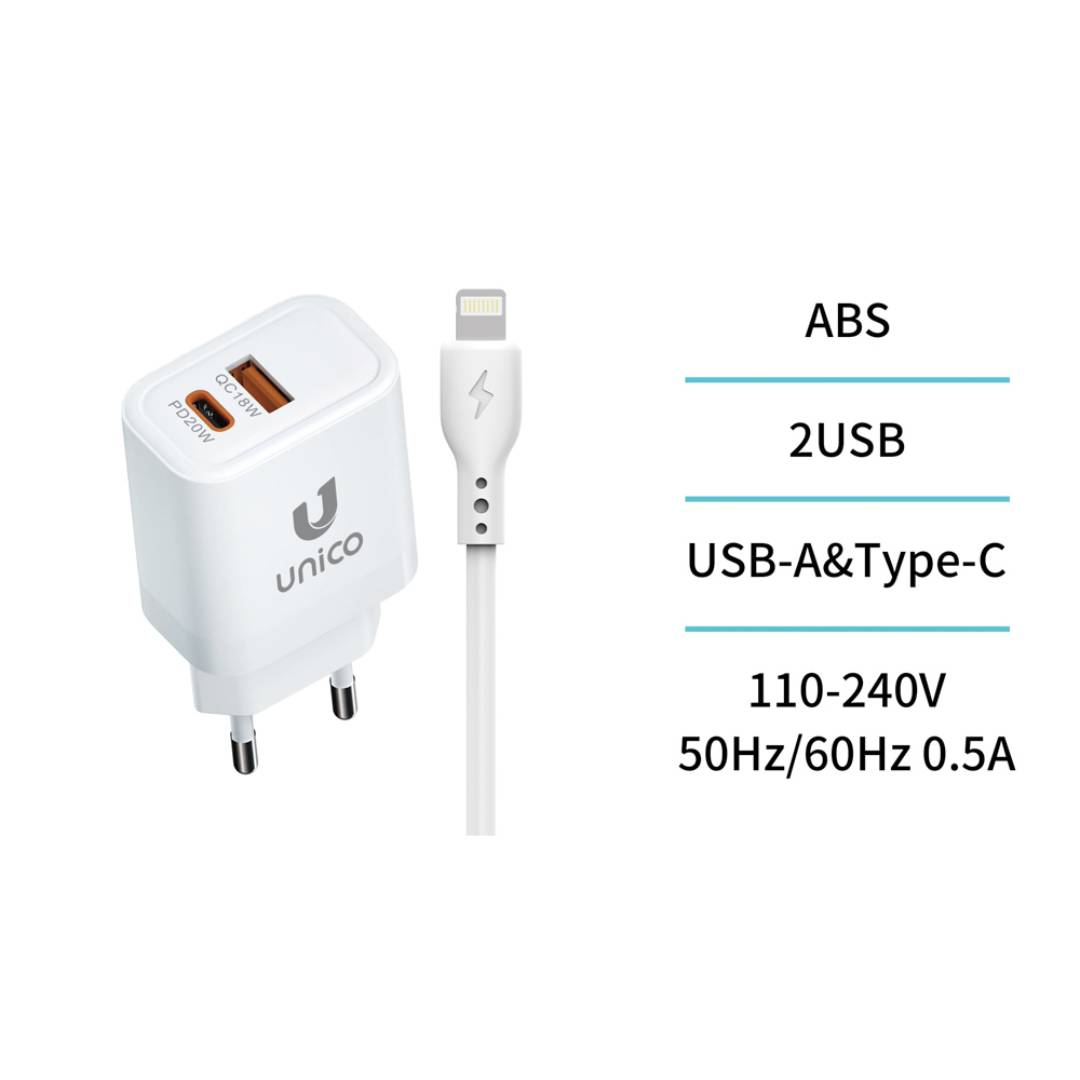 UNICO HC2346 CARGADOR DUAL 1 USB A + 1 TIPO-C PD20W CON CABLE TIPO-C A LIGHTNING BLANCO