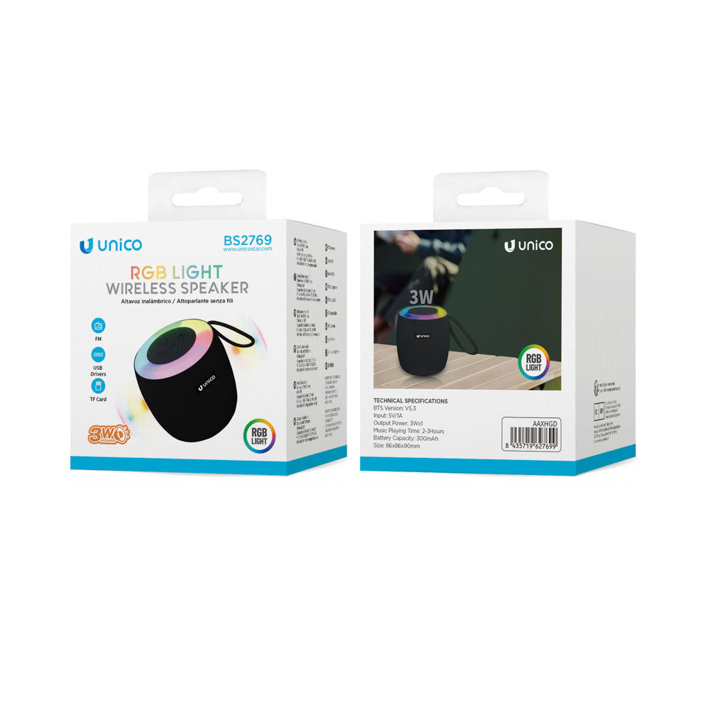 UNICO BS2769 ALTAVOZ BLUETOOTH 5.3 3W RGB LED MICROSD FM TIPO-C 300MAH MINI NEGRO