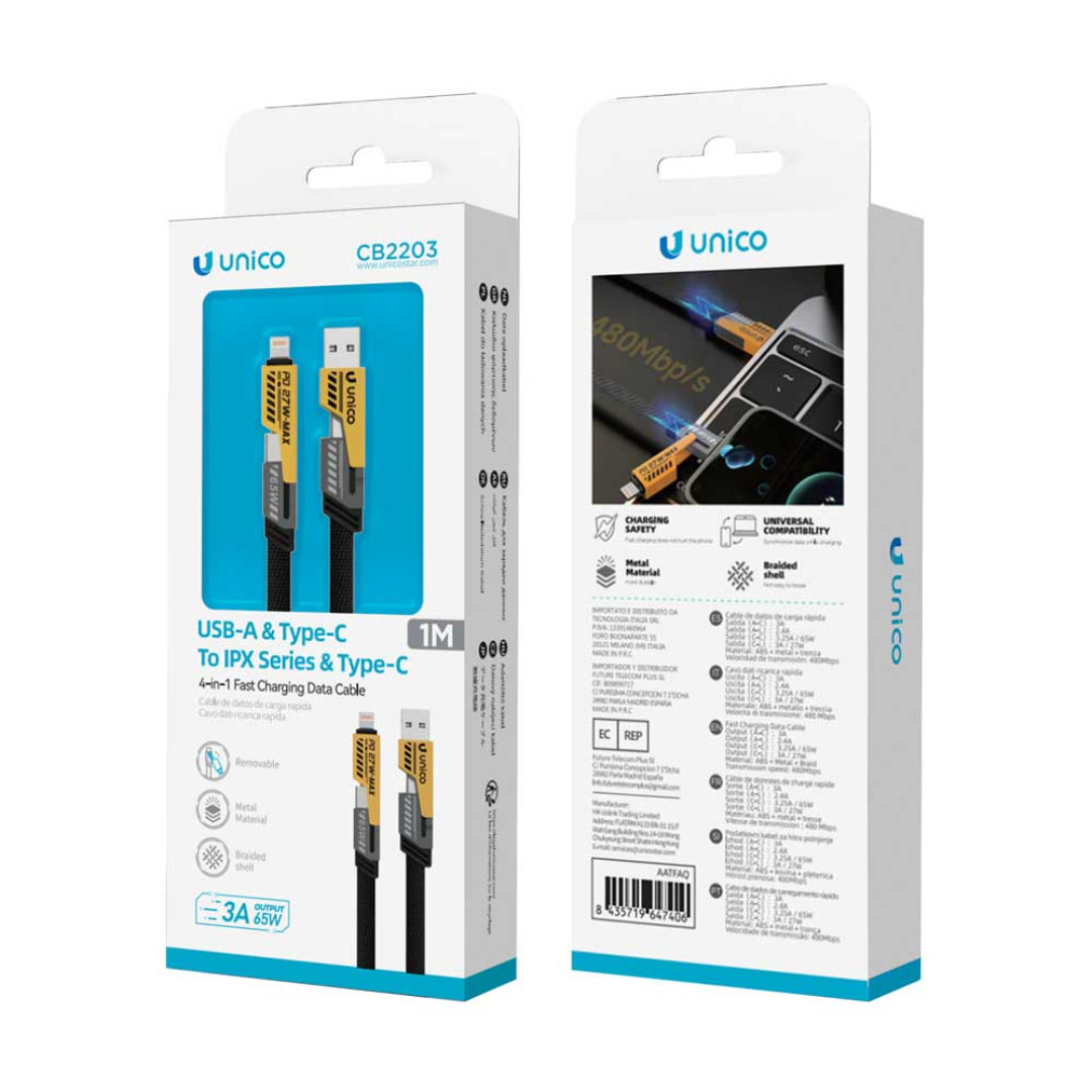 UNICO CB2203 CABLE 4EN1 USB-LIGHTNING, USB-TIPO C, TIPO C-LIGHTNING, TIPO C-TIPO C 1M CARGA RAPIDA