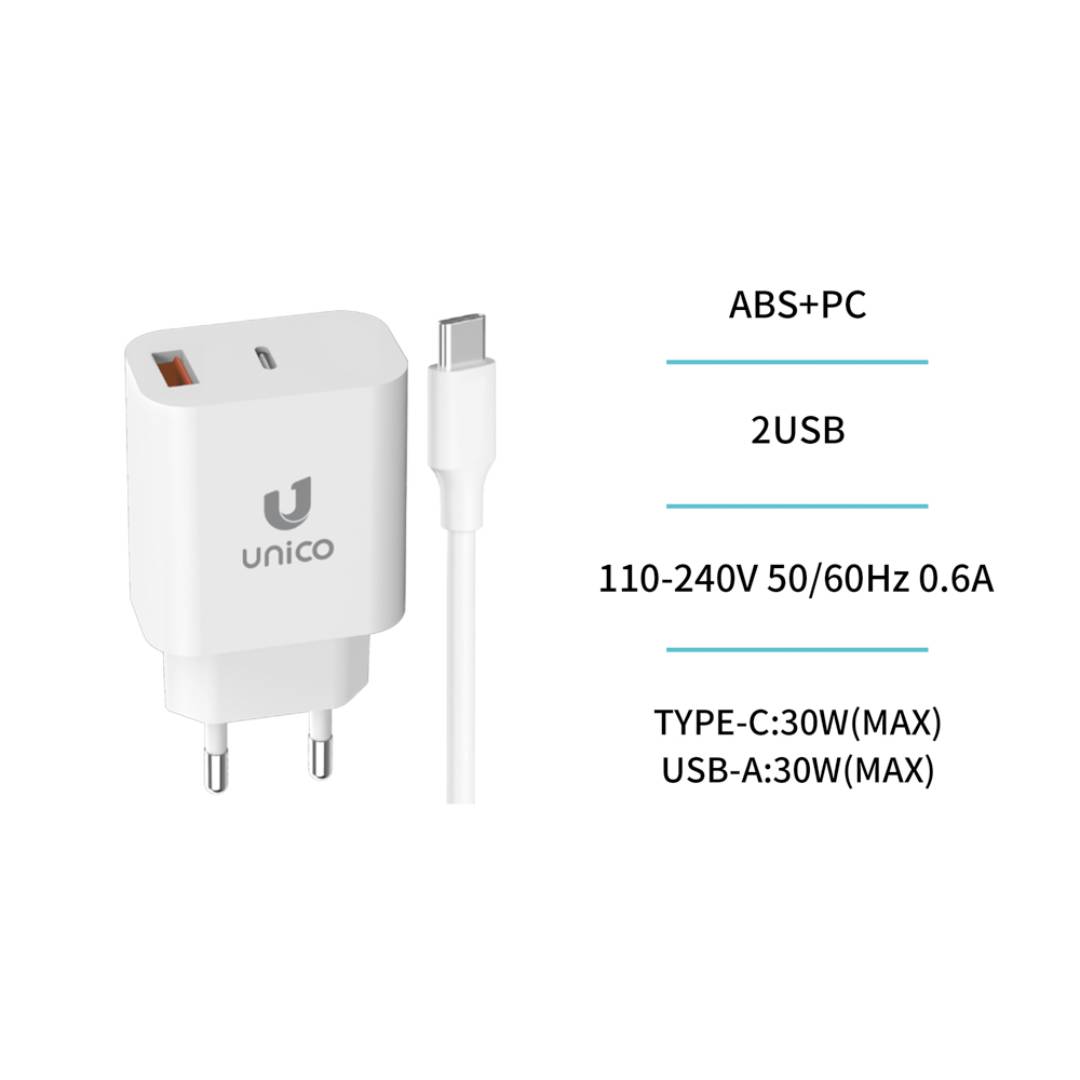 UNICO HC4174 CARGADOR DUAL 1 USB A + 1 TIPO-C PD30W QC 30W CON CABLE TIPO-C A TIPO-C CARGA RÁPIDA