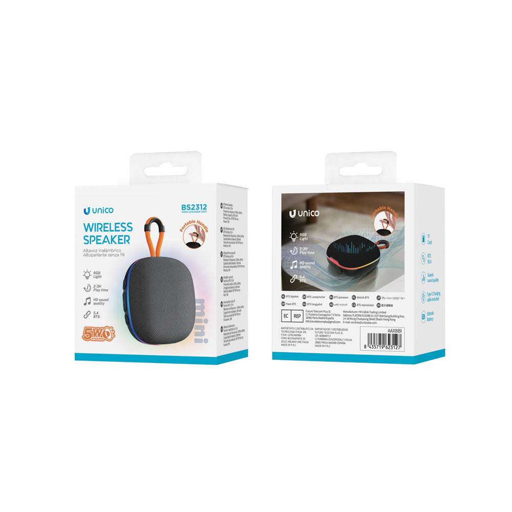 UNICO BS2312 ALTAVOZ BLUETOOTH 5.4 5W RGB LED MINI PORTABLE 9CM 500MAH TIPO-C NEGRO