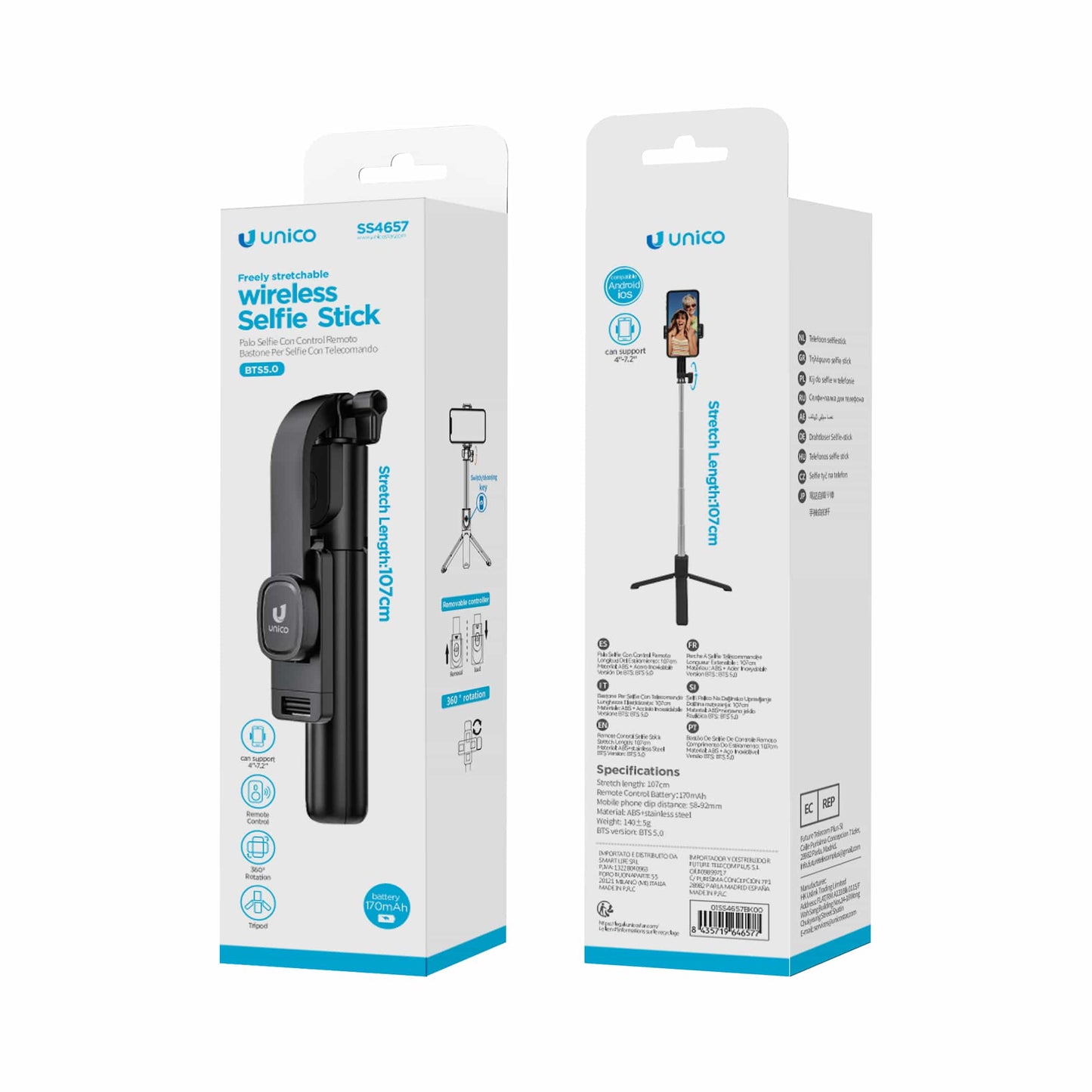 UNICO SS4657 PALO SELFIE BLUETOOTH 5.0 RETRACTIL 107CM NEGRO