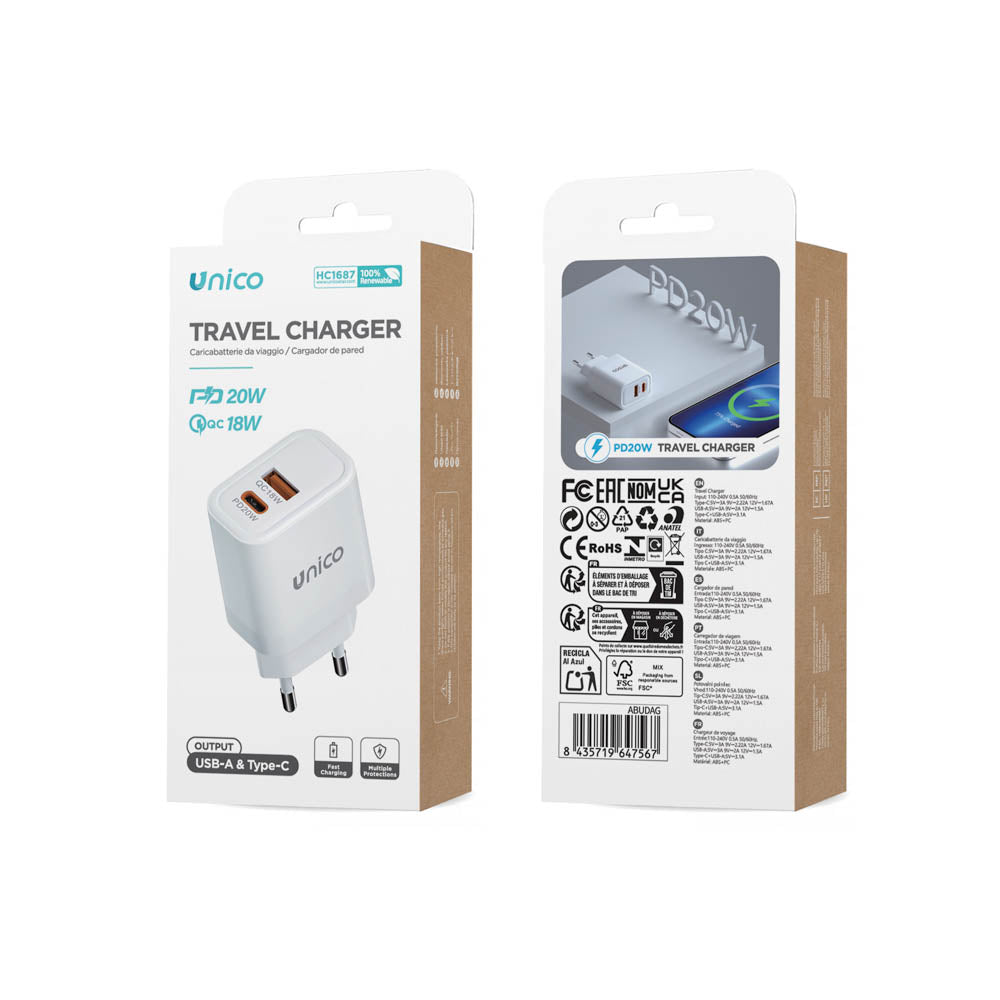 UNICO HC1687 CARGADOR DUAL 1 USB A + 1 TIPO-C PD20W QC18W BLANCO
