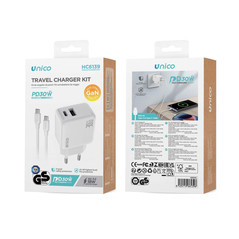 UNICO HC6139 CARGADOR DUAL 1 USB A + 1 TIPO-C PD30W GaN TUV GS CABLE TIPO-C