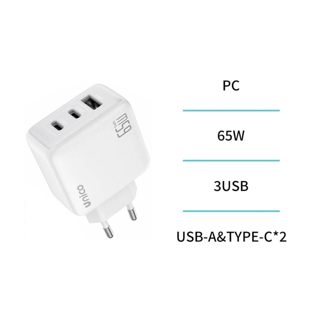 UNICO HC6141 CARGADOR TRIPLE PD65W 1 USB A + 2 TIPO-C GAN GS TUV CARGA RAPIDA BLANCO