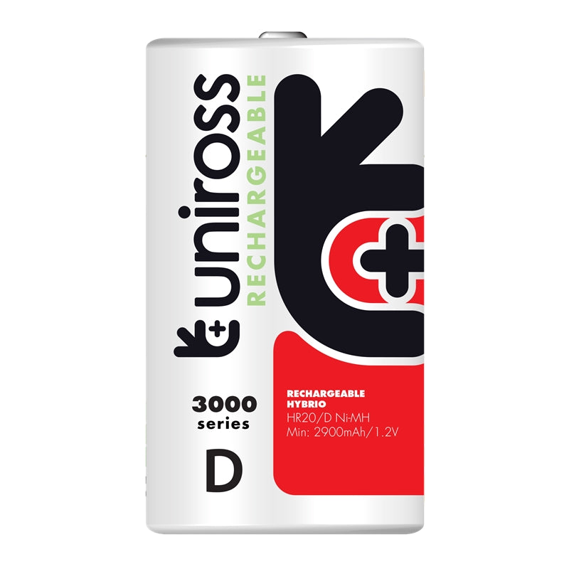 UNIROSS HYBRIO RECHARGEABLE BATTERY HR20 D 2900mAh BLISTER*2 3000 SERIES