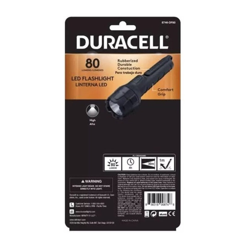 LANTERNA LED DURACELL 80 LUMENS BORRACHA 4HRS. 30M 2xAAA