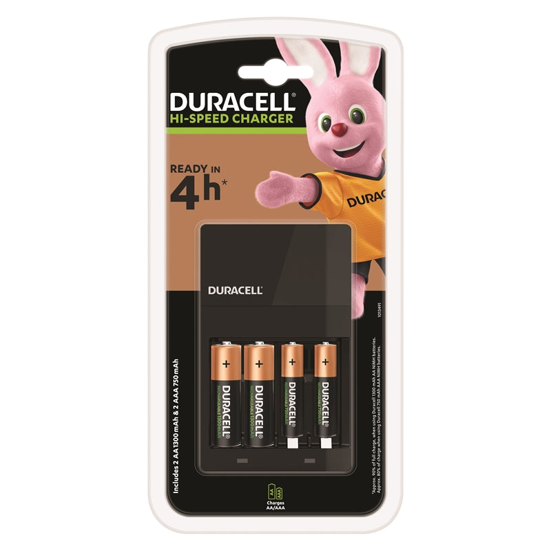 CARREGADOR DURACELL 4HRS. + 2 x PILHAS HR06 AA 1300mAh + 2 x BATERIAS HR03 AAA 750mAh BLISTER