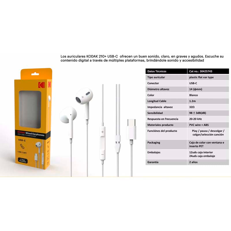 KODAK AURICULARES BOTON + MIC 210+ TIPO-C