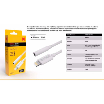 KODAK AUX TO LIGHTNING CABLE 11CM WHITE BOX