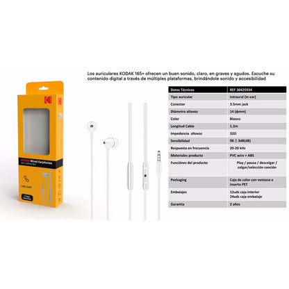 KODAK AURICULARES BOTON + MIC 165+ 3.5MM JACK