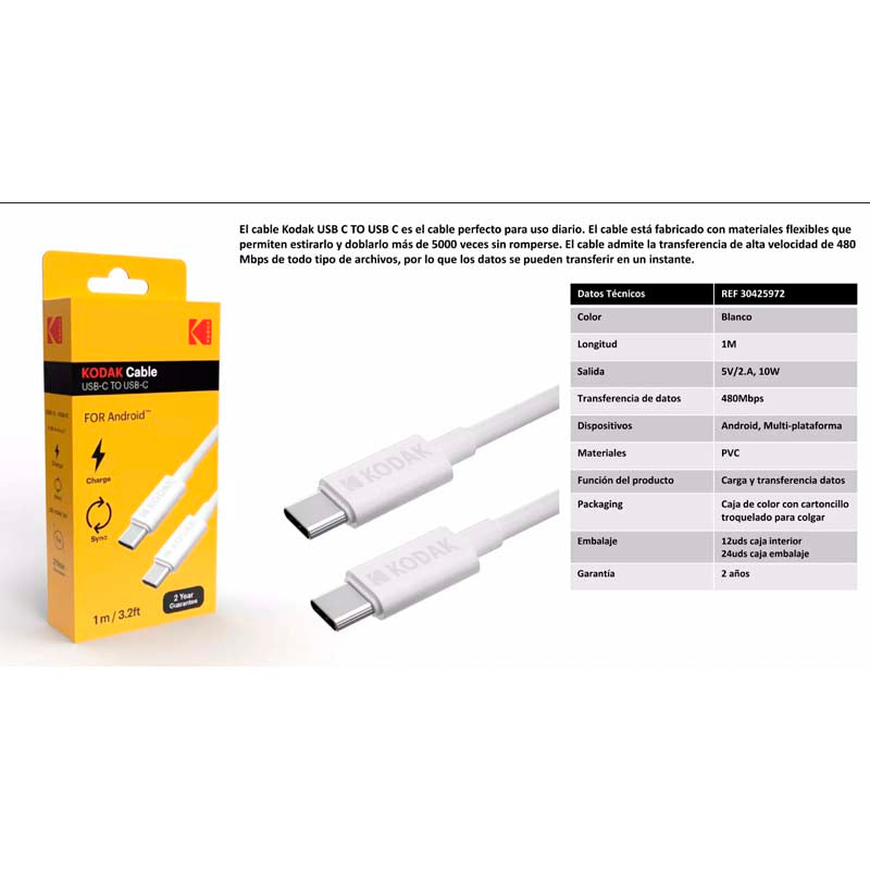 KODAK CABLE TYPE-C TO TYPE-C 1M WHITE BOX