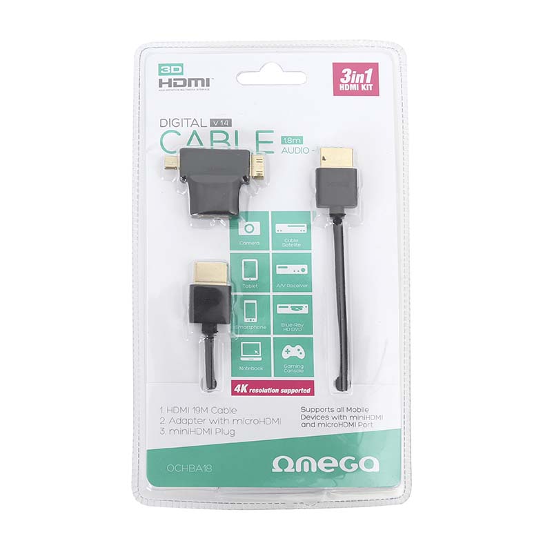 CABO HDMI OMEGA v1.4 + miniHDMI e ADAPTADOR microHDMI BLISTER de 1.8M