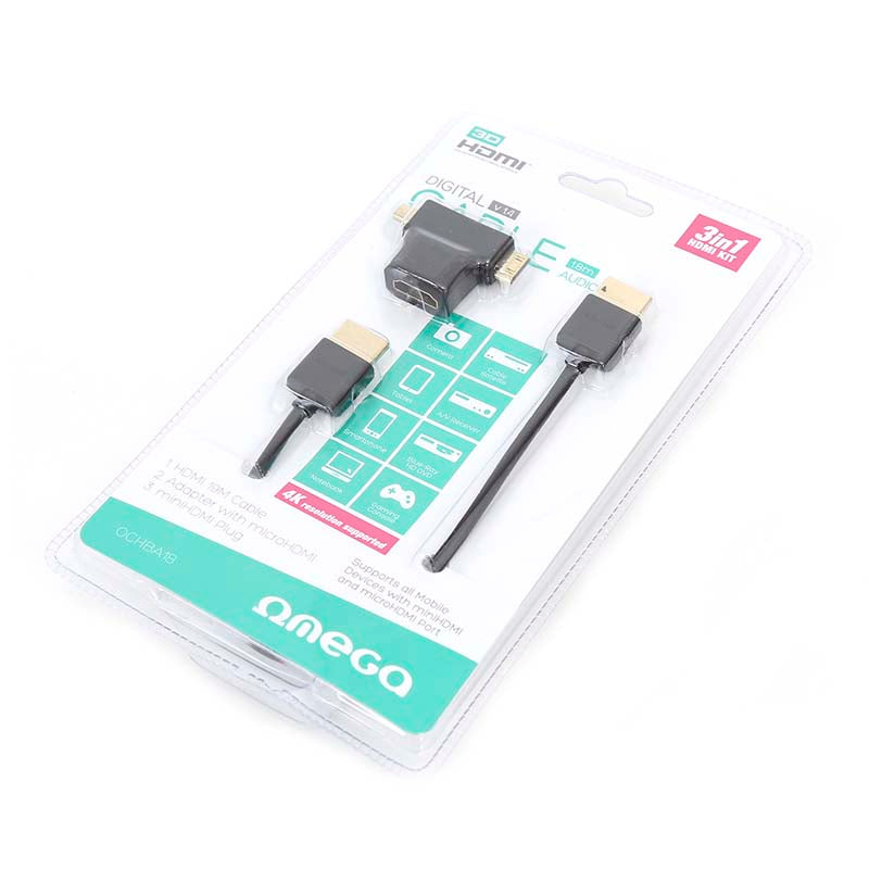 CABO HDMI OMEGA v1.4 + miniHDMI e ADAPTADOR microHDMI BLISTER de 1.8M