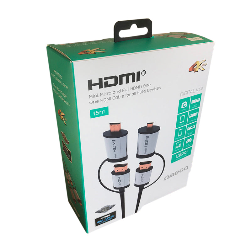 CABO HDMI OMEGA 1,5M + ADAP. miniHDMI e microHDMI
