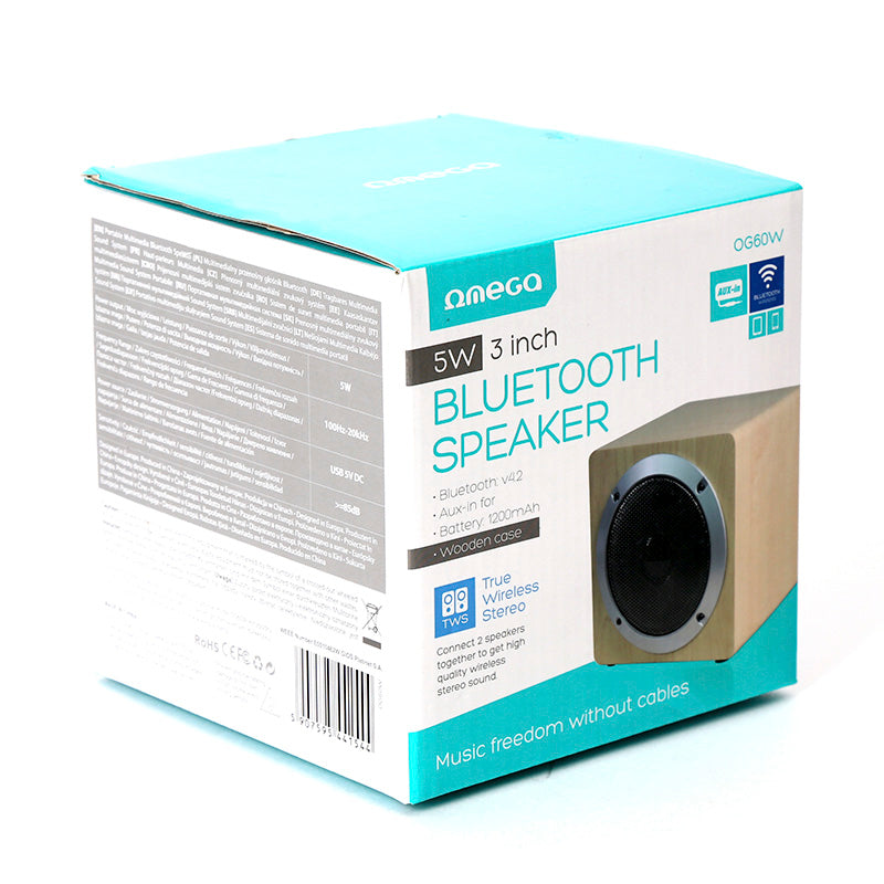 ALTO-FALANTE OMEGA BLUETOOTH v4.2 MADEIRA 3" 5W OG60W VERDADEIRO ESTÉREO SEM FIO