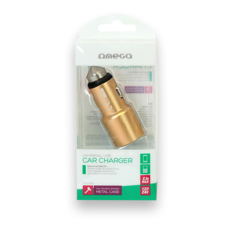 OMEGA CARGADOR MECHERO COCHE METAL 2xUSB 5V 2.1A DORADO