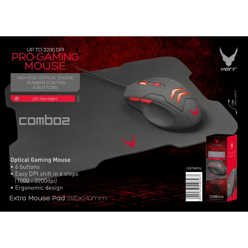 OMEGA VARR KIT GAMING RATON 1000 - 3200DPI + ALFOMBRILLA XL NEGRO/ROJO VSETMPX4