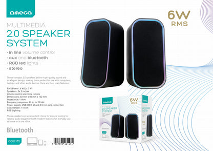 OMEGA SPEAKERS PC 2.0 6W RMS RGB LED USB + BLUETOOTH OGG135