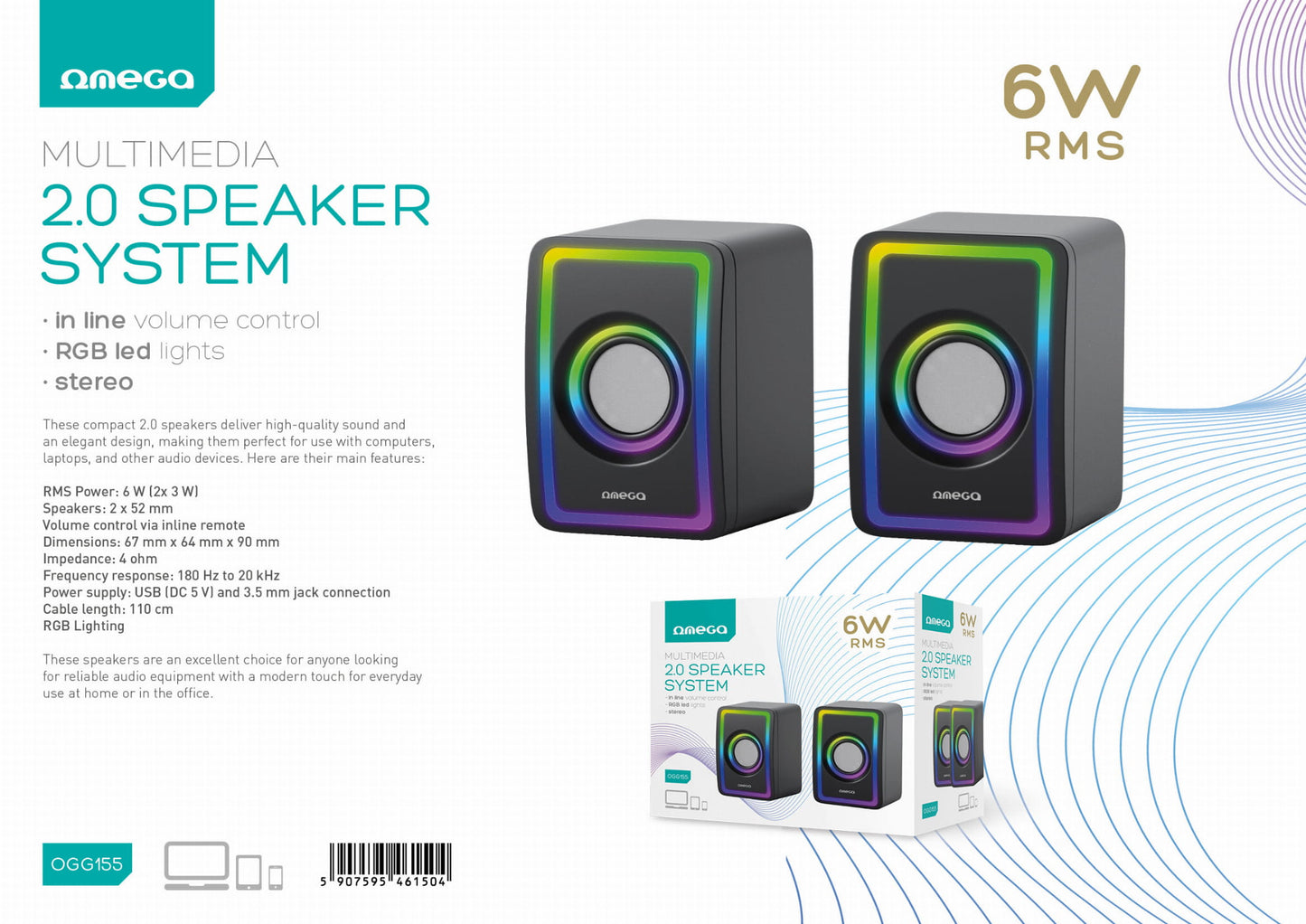 OMEGA SPEAKERS PC 2.0 6W RMS RGB LED USB OGG155