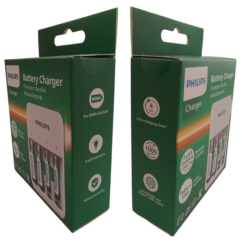 PHILIPS CARGADOR DE PILAS TIPO-C CABLE INCLUIDO + 2xAA (1300mAh) + 2xAAA(700mAh)