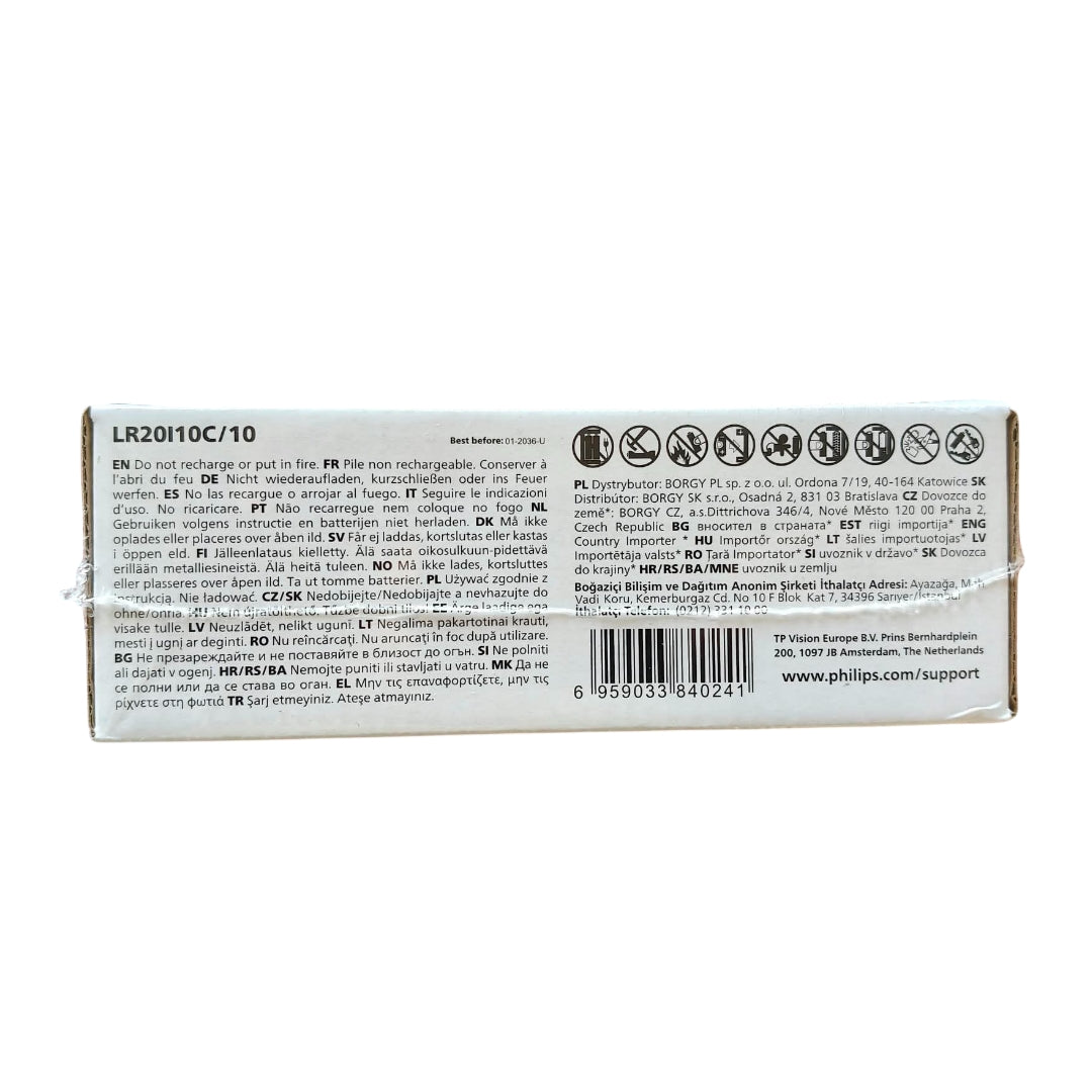 PHILIPS INDUSTRIAL (PRECIO PILA) ALCALINA LR20 D CAJA*10