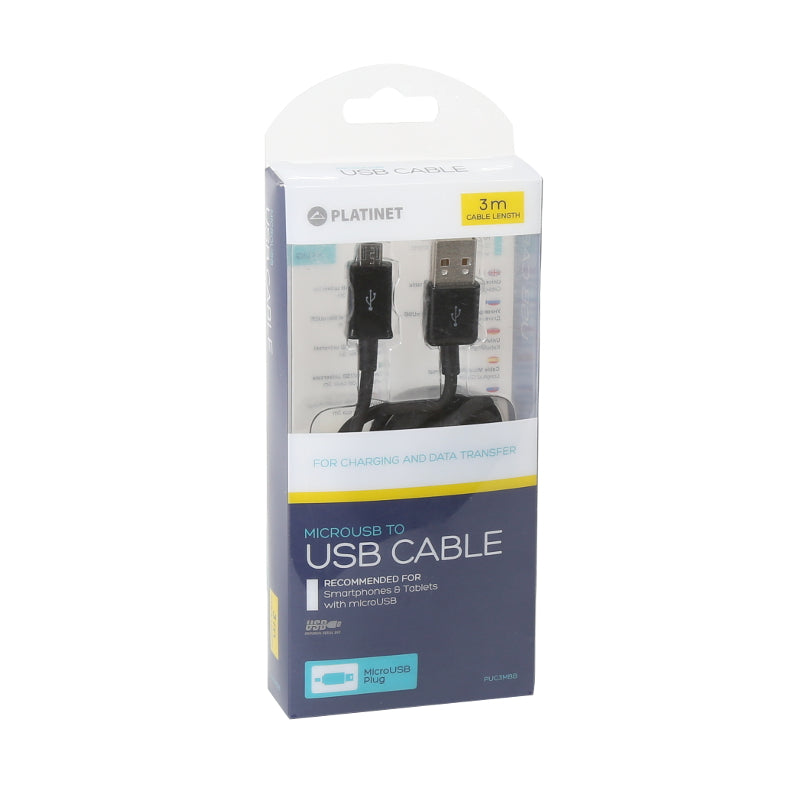 PLATINET CABLE MICRO USB A USB 3M 2.4A NEGRO BLISTER
