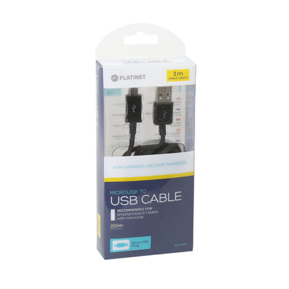 PLATINET CABLE MICRO USB A USB 3M 2.4A NEGRO BLISTER