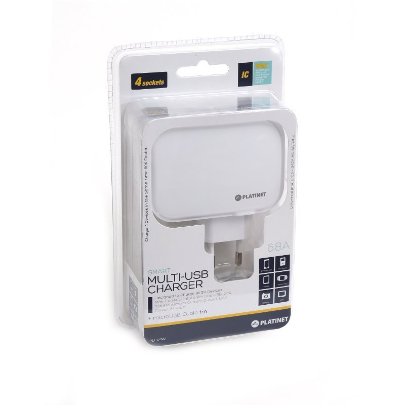 PLATINET CARGADOR PARED 4xUSB 6,8A + cable microUSB 1M BLANCO