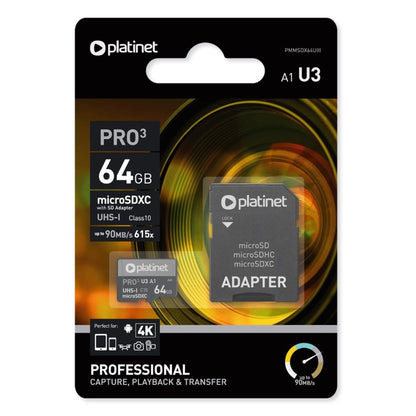 PLATINET microSDXC  64GB CLASE 10 UIII 90MB/s + ADAPTADOR SD