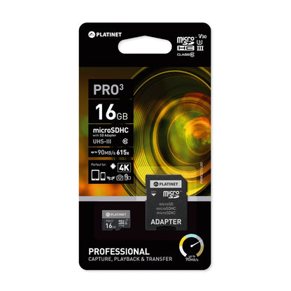 PLATINET microSDHC 16GB CLASE 10 UIII 90MB/s  + ADAPTADOR SD