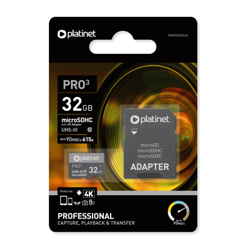 PLATINET microSDHC 32GB CLASE 10 UIII 90MB/s + ADAPTADOR SD