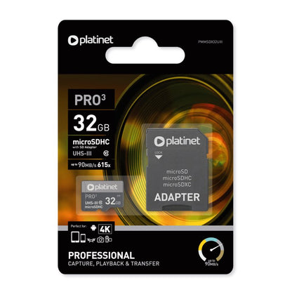 PLATINET microSDHC 32GB CLASE 10 UIII 90MB/s + ADAPTADOR SD