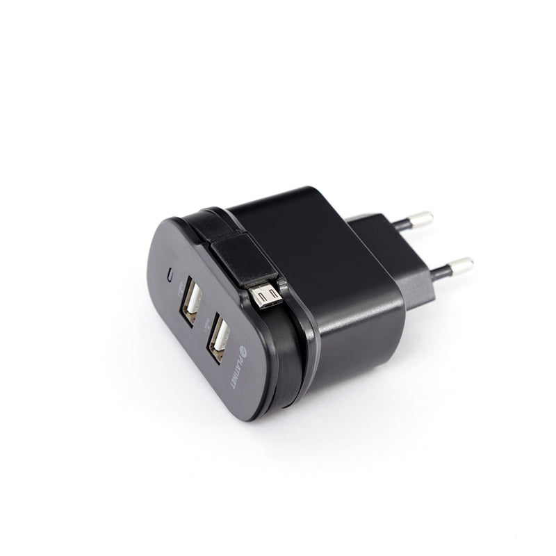 PLATINET CARGADOR DE PARED CABLE RETRACTIL microUSB 3,4A + 2xPUERTOS USB