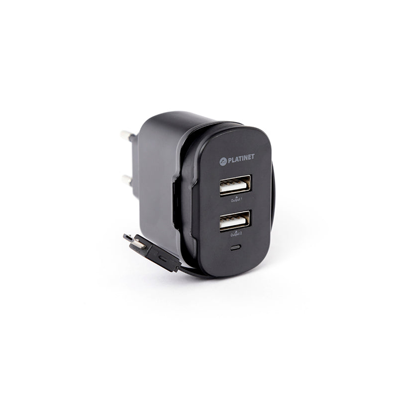 PLATINET CARGADOR DE PARED CABLE RETRACTIL microUSB 3,4A + 2xPUERTOS USB