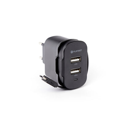 PLATINET CARGADOR DE PARED CABLE RETRACTIL microUSB 3,4A + 2xPUERTOS USB