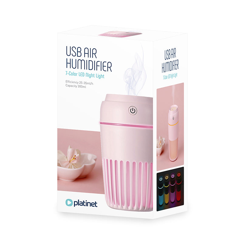 PLATINET HUMIDIFICADOR DE AIRE USB 300ML ROSA + LUZ DE NOCHE 7 COLORES LED