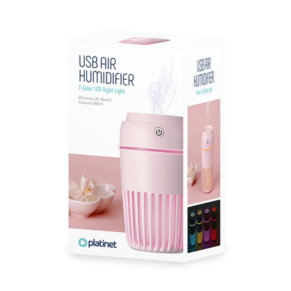 PLATINET HUMIDIFICADOR DE AIRE USB 300ML ROSA + LUZ DE NOCHE 7 COLORES LED