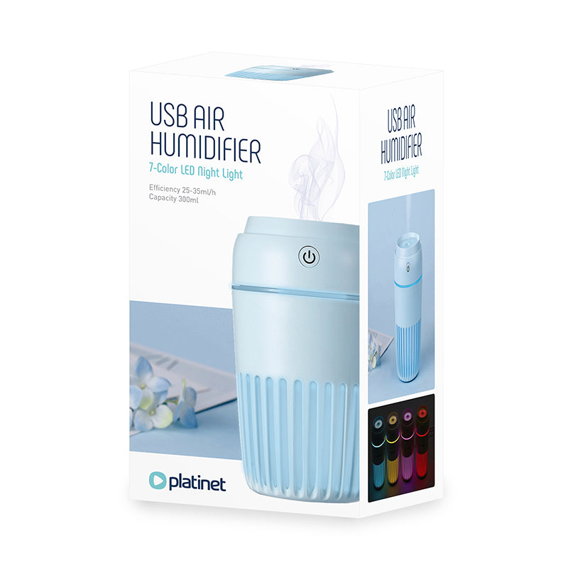 PLATINET HUMIDIFICADOR DE AIRE USB 300ML AZUL + LUZ DE NOCHE 7 COLORES LED