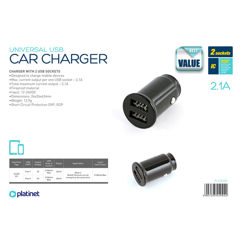 PLATINET CARGADOR MECHERO COCHE 2xUSB 2.1A NEGRO
