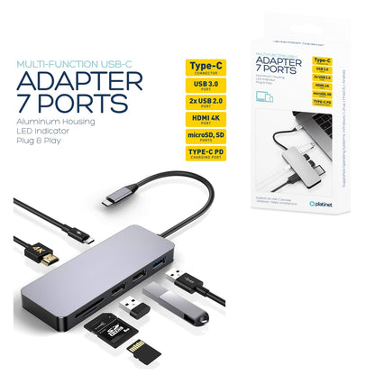 PLATINET ADAPTADOR 7-en-1 USB TYPE-C a USB/HDMI/microSD/SD/TYPE-C CARGA