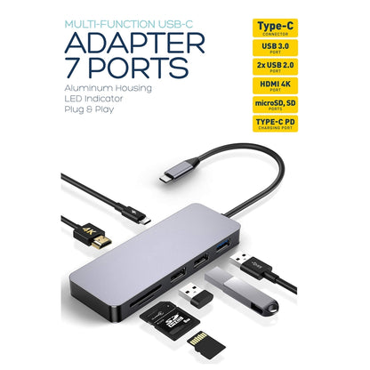 PLATINET ADAPTADOR 7-en-1 USB TYPE-C a USB/HDMI/microSD/SD/TYPE-C CARGA
