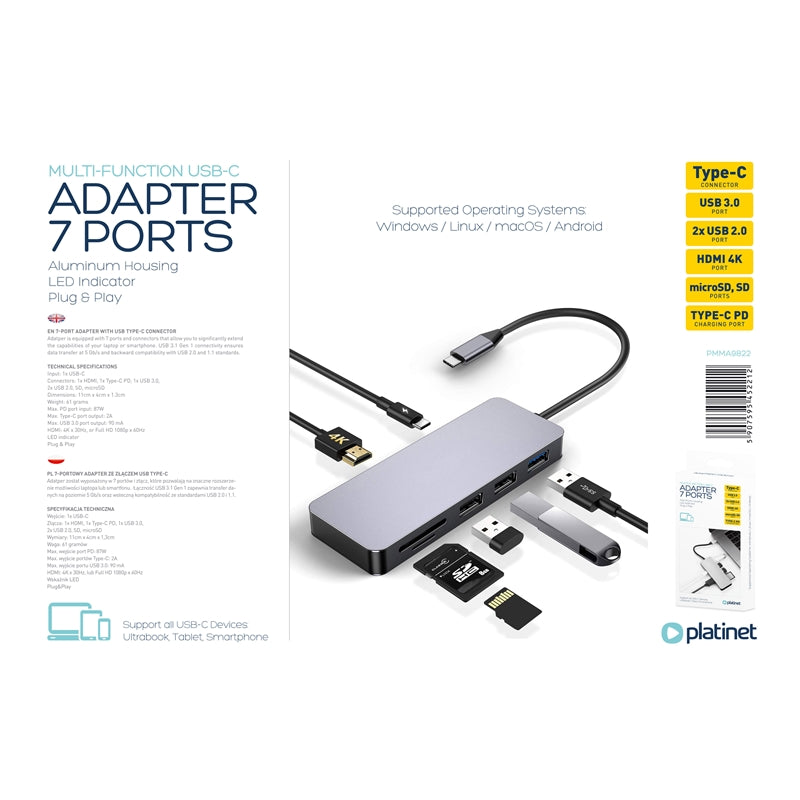 PLATINET ADAPTADOR 7-en-1 USB TYPE-C a USB/HDMI/microSD/SD/TYPE-C CARGA