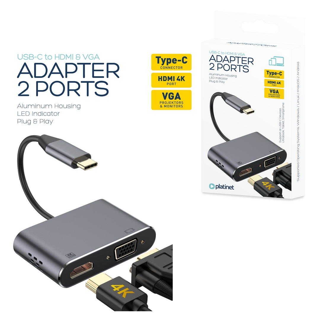 ADAPTADOR PLATINET USB TYPE-C para porta HDMI 4K + VGA