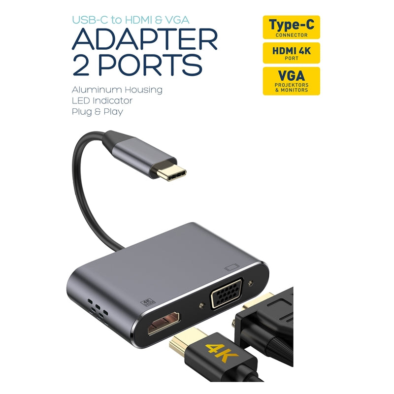 ADAPTADOR PLATINET USB TYPE-C para porta HDMI 4K + VGA